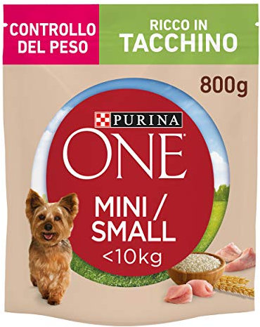 PURINA ONE Mini Small Controllo del peso Crocchette per Cani Adulti Sterilizzati con Tacchino e Riso 8 Sacchi da 800g