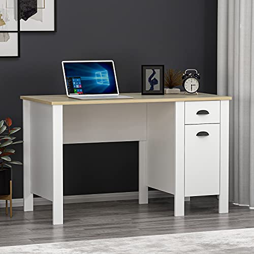HOMIDEA TEDDY Schreibtisch - Computertisch - Workstation mit Schublade und Stauraum mit Tür im modernen Design für Home Office oder Kinderzimmer (Weiß/Eiche)