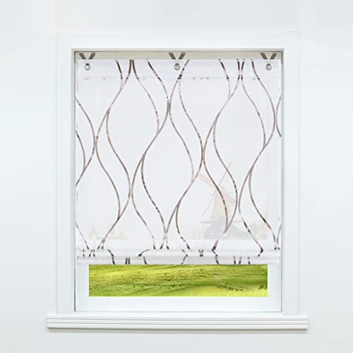 CORLIF Raffrollo mit Ösen Gardinen Küche Raffgardinen Transparent Ösenrollo Vorhänge Mit Wellen-Druck Modern Voile Braun BxH 120x130cm 1 Stück