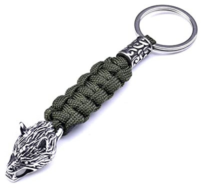 WDBAYXH Wikinger Fenrir Wolfskopf Perle Paracord Schlüsselanhänger Schlüsselband Tasche Auto Geflochtenes Paracord Seil Handgefertigter Nordischer Schmuck, Outdoor-Stil Zubehör,Grün