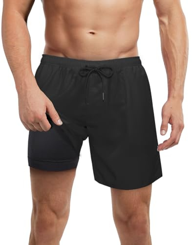 LUCOWEE Mens Swim Trunks with Compression Liner Anti Chafe Quick Dry UPF 50+ Swimming Shorts 5 7 Inseam Bathing Suit
