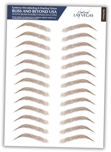 Bliss and Beyond USA | Waterproof Eyebrow Tattoo Stickers. A real hair stroke look. Hair replacement without surgery. Solution for hair loss. Bushy Tinted eyebrow tattoos. (New Las Vegas, Dark Brown)