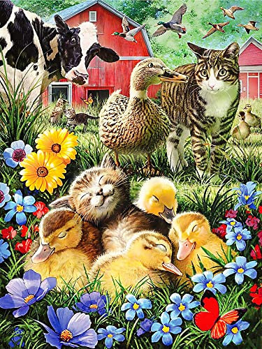 YEAUWILY Diamond Painting Set für Kinder Bauernhof Katze Kuh Ente 5D Bilder Diamant Malerei Kits für Erwachsene DIY Runder Steine Diamant Painting für Zuhause Dekor Weihnachten 30x40cm
