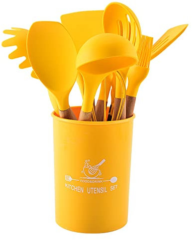 FUYTERY 11 Pcs Coloré Cuisine Silicone Résistant À La Chaleur Ustensiles De Cuisine Cuillère Pelle Ensemble (Jaune)