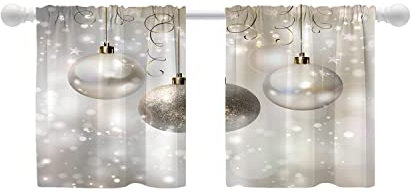 Shrahala Silberne Weihnachts-Schneeball-Etagenvorhänge für Küchenfenster, graue Pailletten, Fenstervorhang, mehrlagig, Polyester, Verdunkelung für Wohnzimmer, Badezimmer, 2 Stück, 66 x 61 cm