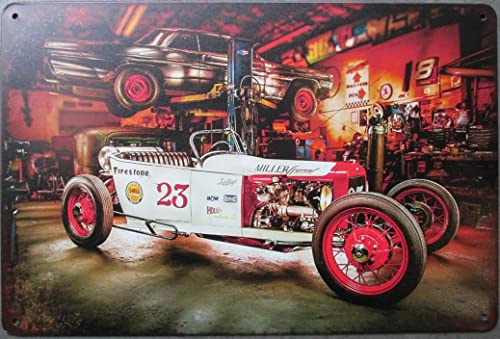 hotrodspirit - Schild Hot Rod weiß in einer schönen Garage, 30 x 20 cm, Deko, amerikanisches Auto