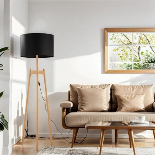 Licht-Erlebnisse Stehlampe Holz Stoff 168 cm Natur Schwarz E27 Dreibein Tripod Stehleuchte Wohnzimmer