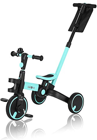 FableKids Dreirad 7in1 Kinderdreirad Laufrad Kinder Lenkstange Fahrrad Baby Kinderwagen | Elternlenkung |Klappbar | Becherhalter | ab 18 Monaten | Klingel | Türkis, FA-HE-KT3B