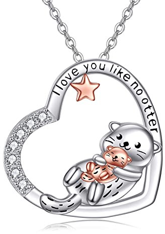 HUKKUN Otter Geschenke Sterling Silber Herz Sea Otter Kette für Frauen Mutter Tochter Halskette von Mama