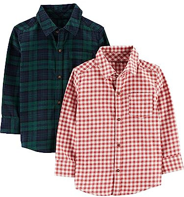 Simple Joys by Carter's Jungen Long-Sleeve Woven, Pack of 2 Button-Down-Shirt, Grün Karo/Rot Vichy Karo Karo, 4 Jahre
