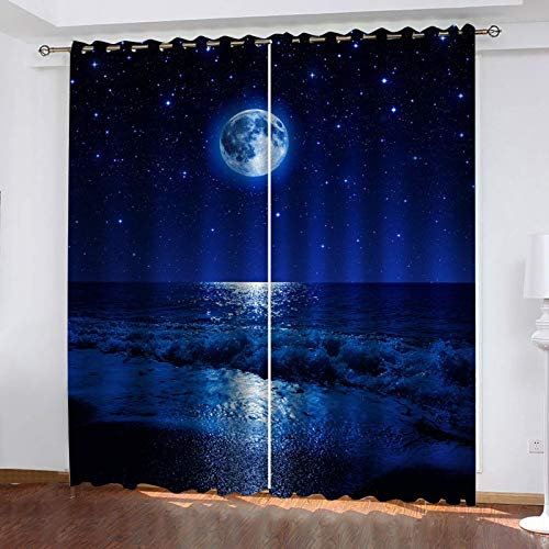3D Druck Nacht Mond Meer Landschaft Malerei Fenster Vorhänge Wohnzimmer Küche Vorhänge Indoor Hause Dekoration Vorhänge Vorhänge WxH/2x100x170cm ösen gardinen
