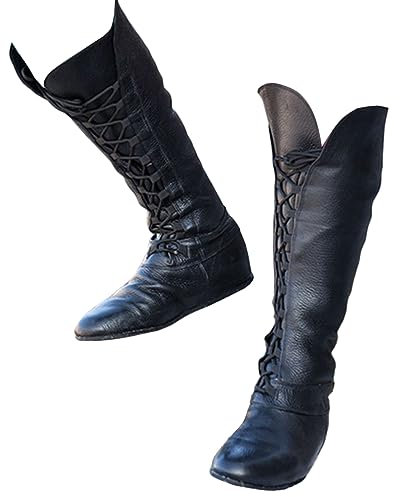 ORANDESIGNE Stivaletti da Uomo Medievali Stivali in Pelle PU Vintage Scarpe Piatte Corte Rinascimento Cavaliere Vichingo Prince Scarpe Cosplay Accessori per Costumi Pirata D Nero 48 EU