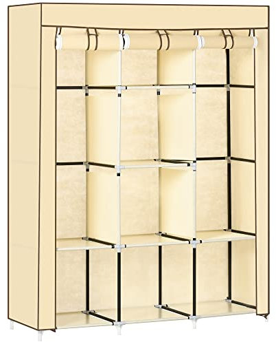 HOMCOM Stoffschrank, Kleiderschrank mit Kleiderstangen, 8 Ebenen, Faltschrank, Faltbare Garderobe für Schlafzimmer, Flur, Vliesstoff, Beige, 125 x 43 x 162,5 cm