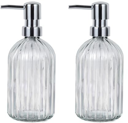 FEILANDUO Glass Soap Dispenser with Pump - 2 Pack Hand Soap Dispenser for Kitchen & Bathroom, 420ml Refillable Liquid Dish Soap Dispenser (Clear)