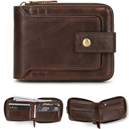 newsbirds Genuine Leather Zipper Wallet for Men, RFID Blocking Mens Wallet with Coin Pocket ID Window Zipper Wallets Large Capacity, Coffee