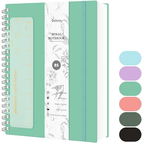 Qefuna Notizbuch B5 Gepunktetes, Bullet Dot Journal, 300Seiten Spiralnotizbuch, 100g/M² Tintenfestes Papier, PVC-Hardcover,mit Lineal, Erweiterbare Taschen, Elastische Bänd,17.7x 25 cm(Blau-Grün)