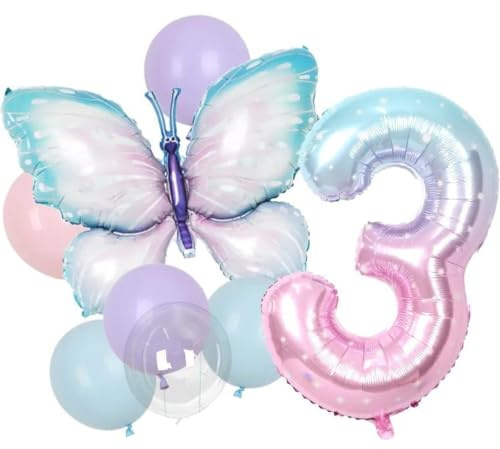 DIWULI Schmetterling Zahl 3 Luftballons - Deko Geburtstag