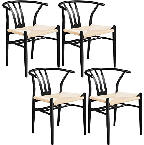 Yaheetech 4er Esszimmerstühle Polsterstuhl mit Metallbeine Küchenstuhl mittelalterliche Rattan Sessel Lehnstuhl Platzsparender Y-Stuhl Schwarz & Beige