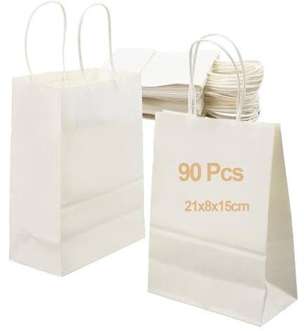 AolKee 90 Sac kraft avec poignée, Anniversaire, mariage, baby shower, Kids & Adults Party (21x8x15cm),Blanc