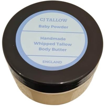 Beef Tallow Whipped Body Butter – Baby Powder Scented | Jojoba & Rosehip Oil, Vitamin E | Face & Body Moisturiser | All Skin Types |100% Organic Grass Fed Tallow, Made in UK by (CJ TALLOW) Net Wt 60ml