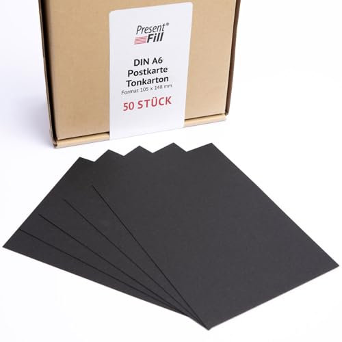 PresentFill® - blanko Postkarten Tonkarton Schwarz, Papier-Karten Set 50 Stück 210 g/m² -DIN A6-105 x 148 mm zum Selbstgestalten, beschriften oder bedrucken als Bastelkarton, Karteikarten