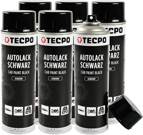 TECPO Lackspray schwarz glänzend, 6x500ml Autolack Rallyschwarz Sprühlack Farbspray mit hoher Deckkraft für Innen- und Außenbereich