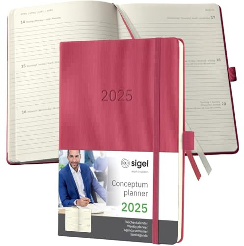 Wochenkalender Conceptum A5 2025 marsala-rot - SIGEL - 1 Woche auf 2 Seiten - Terminplaner Hardcover mit Stiftschlaufe, Quickpocket, Archivtasche, 2 Zeichenbänder und Stickerbogen - 14,8 cm x 21,3 cm