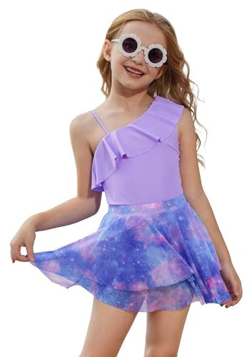 GRACE KARIN Girls One Piece Bathing Quick-Dry One Sleeve Ruffle Swimsuit with Skirt Purple 7-8 Years