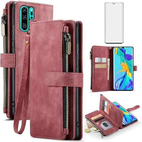 Asuwish Funda para Huawei P30 Pro con Cristal Templado Protector Pantalla Pelicula Protectora Libro Cuero Piel Tarjetero Soporte HuweiP30Pro Hawaii P 30 P30Pro VOG-L29 Tapa Carcasa Capa Case Rojo