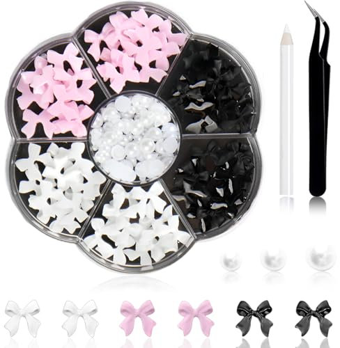 JEYORZY 1 Karton Nail Art Dekoration, Bowknot Pearls Nail Decorations, Nagelanhänger Schleife Weiß Rosa Schwarz, Süße Nagelanhänger, Butterfly Nail Gems for Manicure DIY Crafts Jewelry Accessories