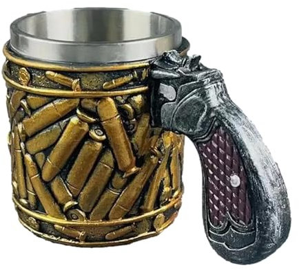 G'un Mugs Revolver Coffee Mugs Pistoles Mugs with Bullet Casings - 450ml Stainless Steel Western Revolver Shape Beer Cup, Cool G'un Mug for Men, Presents for Boyfriend, Father, for Cappuccino Hot Tea