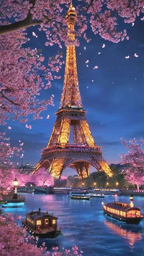 DCIDBEI Diamond Painting Groß Eiffelturm Paris Kirschblüten 40x50cm Diamant Painting Bilder Landschaften Paris Nachts DIY Malen nach Zahlen Strass Stickerei Kreuzstich Perlen Bilder Gemälde Leinwand