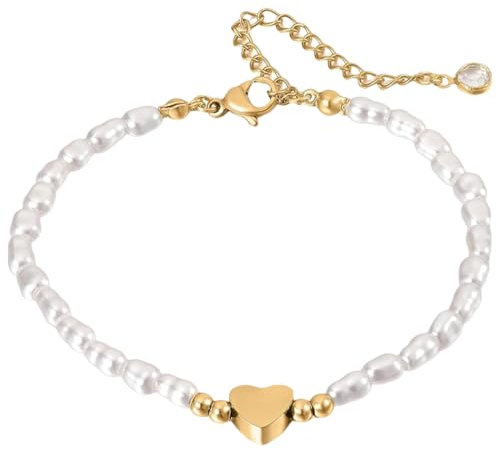 JAWUZ Damen Armband,Goldene Perlen Armbänder Mit Herz Anhänger,14K Vergoldete Cuban Link,Eleganter Alltagsschmuck Als Kreatives Geschenk Für Frauen