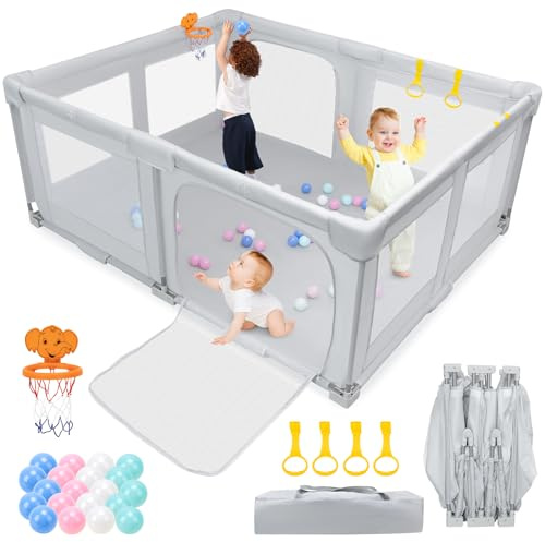 Growithu Foldable Playpen for Babies and Toddlers - 180x150x75 cm großer Laufstall für drinnen und draußen, großer tragbarer Laufstall mit Reisetasche, 1 Ballhalter, 20 Bällen und 4 Griffen