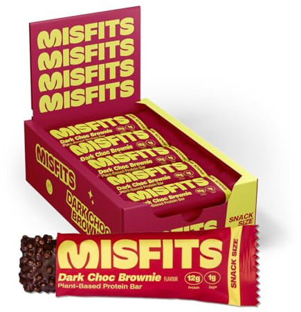 Misfits Vegan Protein Bar - Dark Chocolate Brownie | 12 grams Protein | 1 gram Sugar | Plant-Based, Low Carb, High Fibre | No Palm Oil | Non-GMO | Pack of 15 Snack Sized Bars