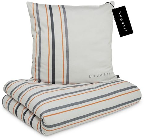 bugatti Bettwäsche 155x220 cm - 100% Baumwolle, Reißverschluss, anschmiegsam, weich & waschbar, Satinbettwäsche grau orange gestreift