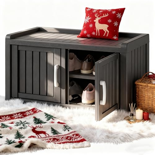 KAMABOKO Outdoor Shoe Storage Cabinet, Waterproof UV-Resistant Entryway Storage Bench Indoor Outdoor with 2 Barn Doors, Adjustable Shelves for Entryway, Bedroom, Hallway,Living Room(Classic Black)