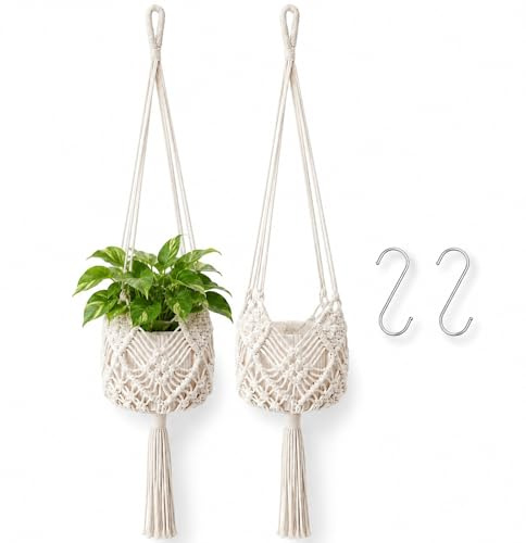 SINAYREK Pack 2 Maceteros Colgantes Macramé con Estampados, Resistentes Intemperie para Interior y Exterior, Aptos para Macetas hasta Ø 20 cm, Soporte Plantas Boho Blanco