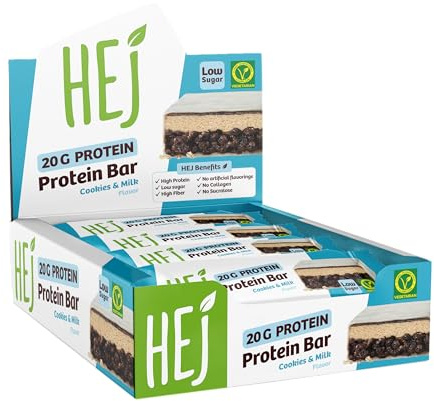 HEJ 20g Protein Bar, Cookies & Milk, 12 x 60 g, Low Sugar Eiweißriegel | Proteinriegel, High Protein Snack, zuckerarm, vegetarisch, ohne Palmöl, ohne Zuckerzusatz & ohne künstliche Aromen