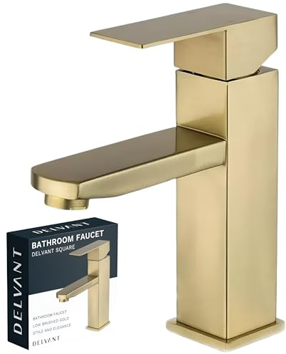 DELVANT SQUARE Waschbeckenarmatur, niedrige Badarmatur, Einhebelmischer Waschtischarmatur, Standarmatur Edelstahl für Waschbecken, Gold