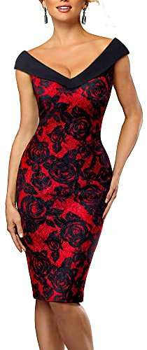 HOMEYEE Damen Elegant V-Ausschnitt Ärmelloses Vintage Rose Floral Cocktailkleid B425(EU 36 = Size S,Rot)