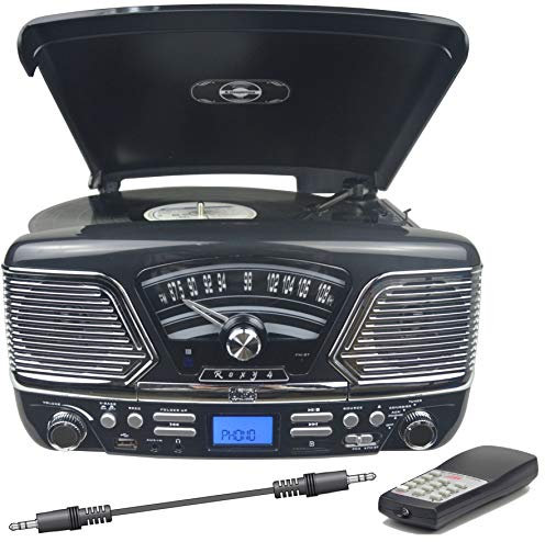Steepletone Roxy 4 (DTL Version) Retro American Diner Style Music Centre, CD Player, Record Player, FM Radio, MP3 RECORDING: USB/SD – 25 watt PMPO, AUX IN/OUT, Headphone Socket (High Gloss Black)