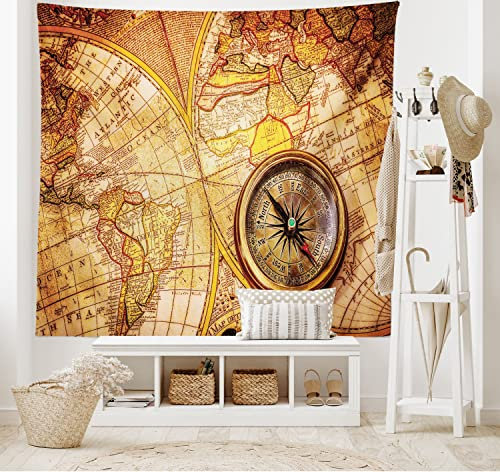 ABAKUHAUS Geschichte Wandteppich, Welts-Karte aus Weiches Mikrofaser Stoff Waschbar ohne Verblassen Digitaldruck, 150 x 110 cm, Orange Gelb