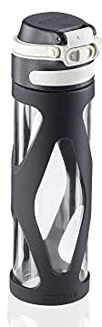 Leifheit Glasflasche Flip 600ml, 100% dichte Sportflasche, praktisches Öffnen mit einer Hand, Trinkflasche mit Filter für Fruchteinsatz, nachhaltige Wasserflasche, BPA frei, stoßfest, schwarz