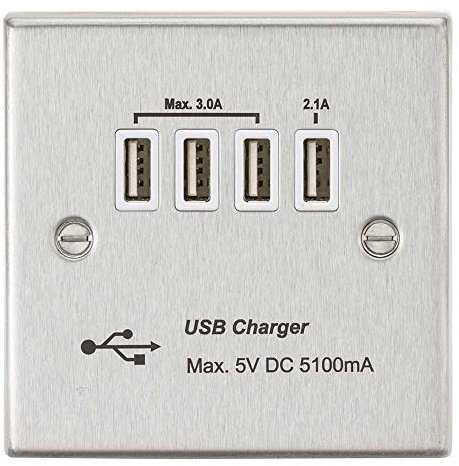 Knightsbridge CSQUADBCW Quad USB Charger Outlet, Brushed Chrome with White Insert, 5.1 A