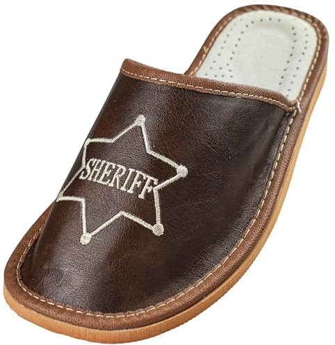 APREGGIO - Ciabatte Estive da Uomo in Pelle Liscia - Pantofole Casa Uomo - Con le dita coperte - Slip-On - Suola Piatta - Leggere - Sheriff Marrone - Taglia 45 EU