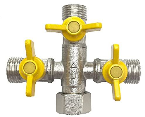 3-Wege + Form-Verteiler mit 3 Absperrkugelhähnen, zum Anschluss von 3 Geräten/Anschlüsse mit 1/2 Zoll AG.