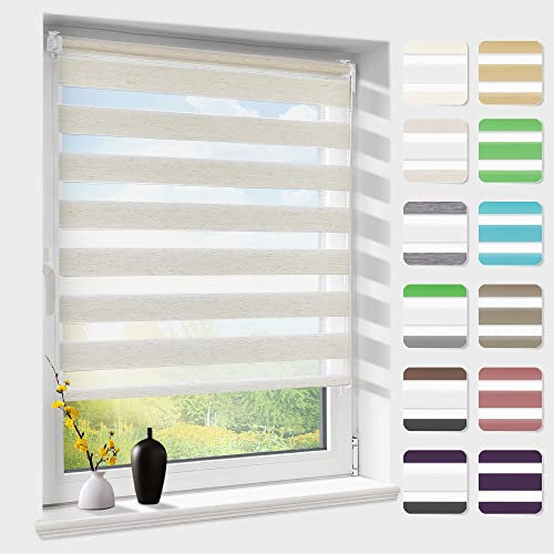 Doppelrollo klemmfix ohne Bohren, Duo Rollos für Fenster & Tür mit Bohren, Version 2025 Natur B45 x H120cm (Stoffbreite 41cm), Fensterrollo lichtdurchlässig & verdunkelnd, Klemmrollo Sonnenschutz