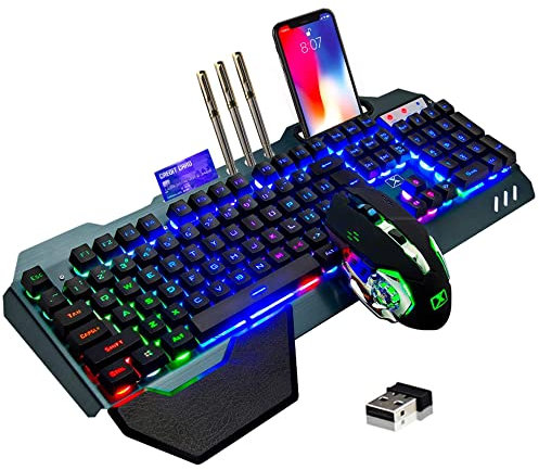 Clavier et souris de jeu sans fil rétroéclairé arc-en-ciel rechargeable avec batterie de 3800 mAh, panneau en métal amovible, toucher mécanique et 7 couleurs de sourdine pour les joueurs sur PC