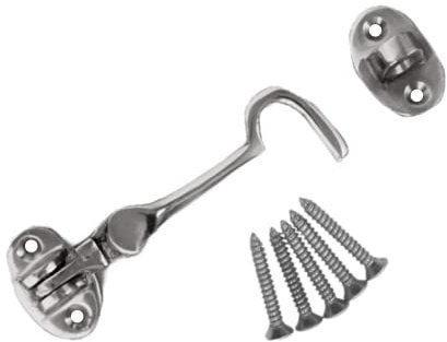 Cabin Hook 3 Inch Chrome Cabin Hook & Eye Silent Catch Door Latch Holder with Screws Silent Cabin Hook for Shed Gate Catch Garden Gate Latch Patio Doors in Various Finishes Pack of 1.